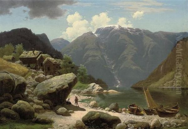 A Conversation By A Norwegian Fjord Oil Painting by Georg-Eduard Otto Saal