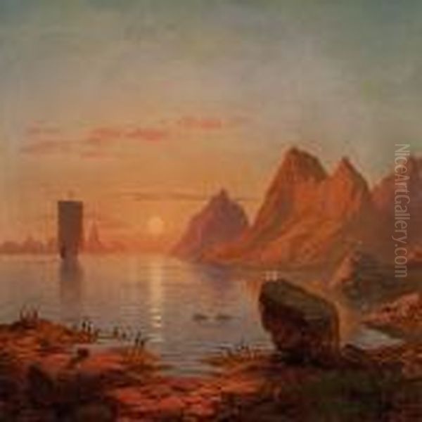 View Of A Scandinavian Coast With A Sailing Ship In The Sunset Oil Painting by Georg-Eduard Otto Saal