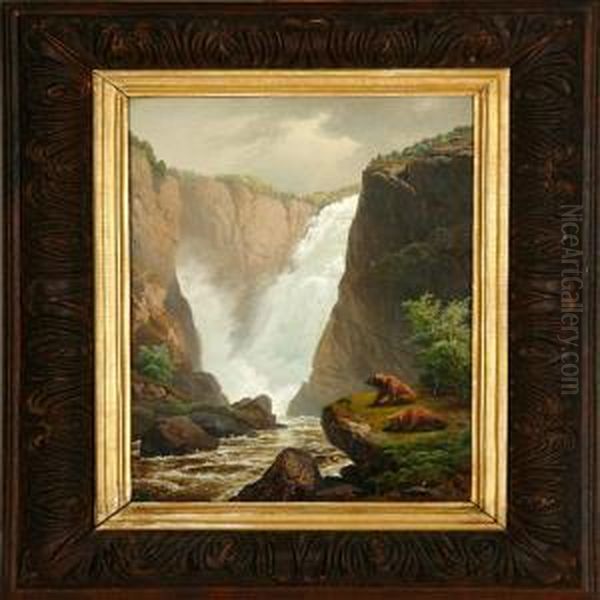 Brown Bears Ata Waterfall Oil Painting by Georg-Eduard Otto Saal