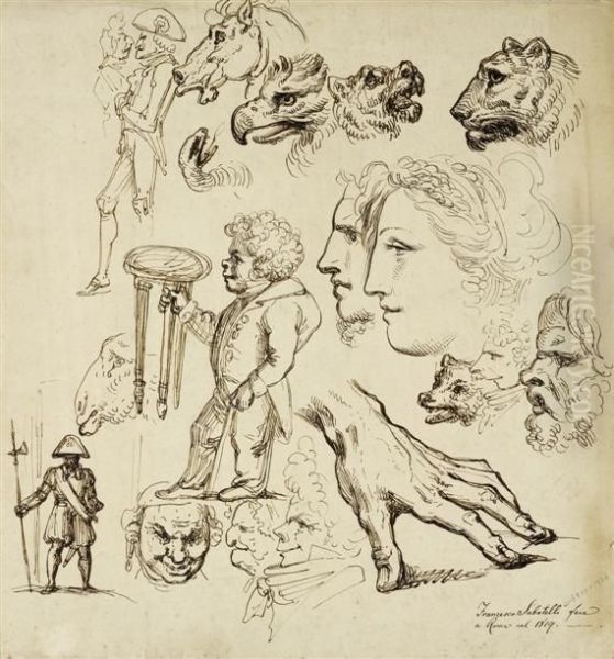 Sketch Sheet With Animal Heads, Figures In Profile And Further Studies Oil Painting by Francesco Sabatelli