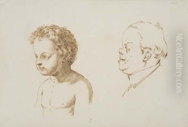 Studies Of A Young Boy And A Man In Profile To Theleft Oil Painting by Giuseppe Sabatelli