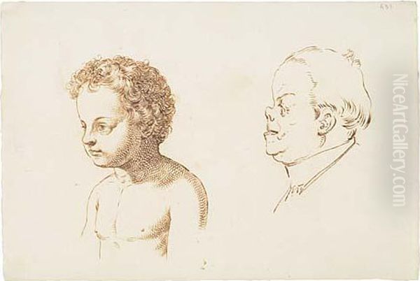 Studies Of A Young Boy And A Middle-aged Man In Profile To Theleft Oil Painting by Giuseppe Sabatelli