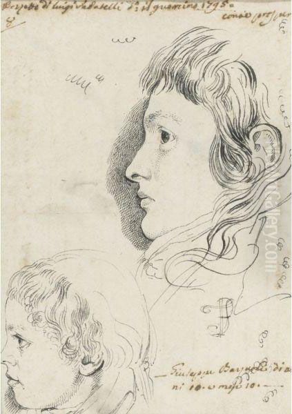 Heads Of Two Young Men In Profile; Lower Left Head Possiblygiuseppe Bezzuoli Oil Painting by Luigi Sabatelli