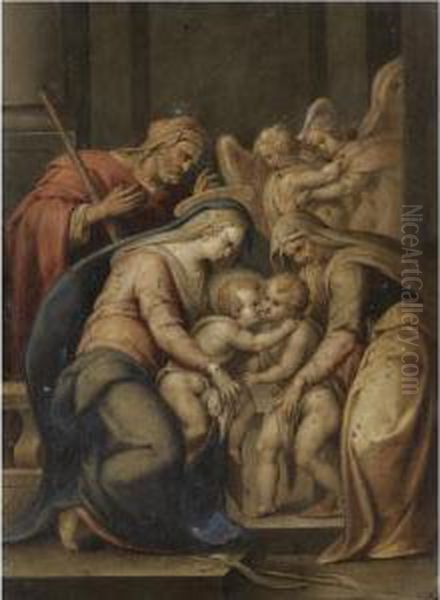 The Holy Family With Saints Elizabeth And The Infant Saint John The Baptist, Two Angels Behind Oil Painting by Lorenzo Sabatini