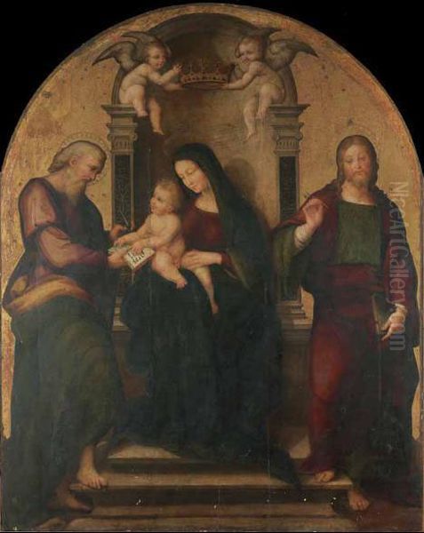 Madonna Con Il Bambino Fra San Matteo E San Giovanni Evangelista Oil Painting by Andreas Sabatini Da Salerno