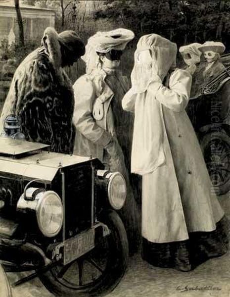 La Vie Mondaine En Auto, Vers 1905 Oil Painting by Louis Remy Sabattier