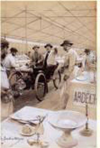 L'exposition Universelle De 1900 : Le Banquet Des Maires. L'organisateur Surveillant Les Preparatifs En Automobile, Circa 1900 Oil Painting by Louis Remy Sabattier