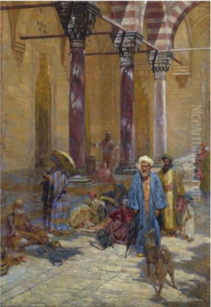 Oriental Scene In A Mosque's Precinct Oil Painting by Symeon Sabbides