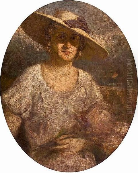 Lady With Straw Hat Oil Painting by Symeon Sabbides