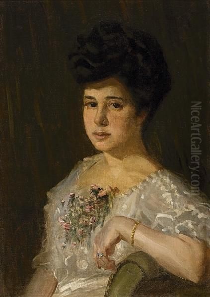 Lady With Bouquet Of Flowers Oil Painting by Symeon Sabbides