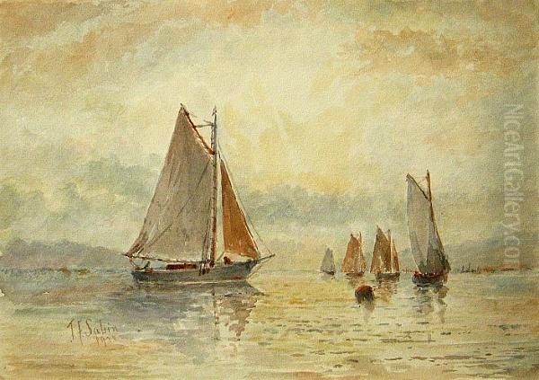 Sailboats At Sunset, 1923; Sailboats In A Harbor; Bait Shack On A Pier; Sailboat On Calm Water (group Of Four) Oil Painting by Joseph F. Sabin