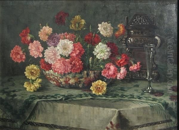 A Still Life With Carnations In A Bowl, An Asian Censer And A Glass Oil Painting by Franz Sablitzky