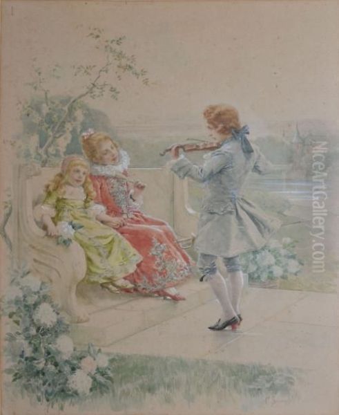 Jeune Violoniste Et Petites Admiratrices Oil Painting by Cesare Saccaggi