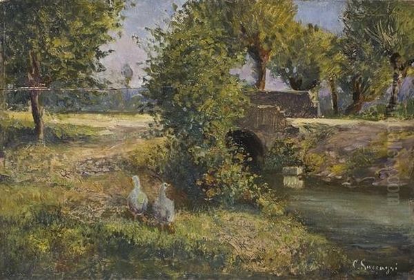 Paesaggio Di Campagna Con Ponte, Ruscello E Oche Oil Painting by Cesare Saccaggi