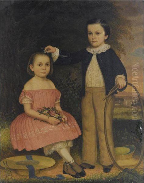 Girl In Pink With Flowers, Boy With Hoop And Stick Oil Painting by Lambert Sachs