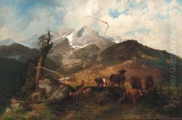 A Herder With Sheep And Cattle In An Alpine Landscape Oil Painting by Michael Sachs