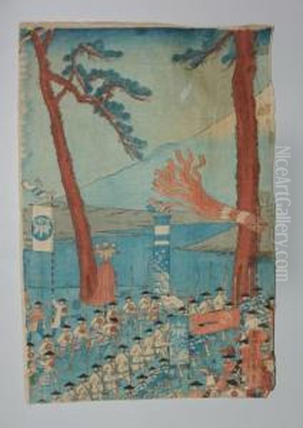 Procession Devant Un Lac Au Pied Du Fuji Oil Painting by Gountei Sadahide