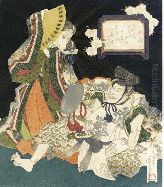 A Surimono Of The Fox Legend Oil Painting by Utagawa Sadakage