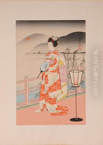 Geisha Girl In Summer Oil Painting by Hasegawa Sadanobu