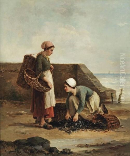 Two Fisher Women Oil Painting by Philippe Lodowyck Jacob Sadee