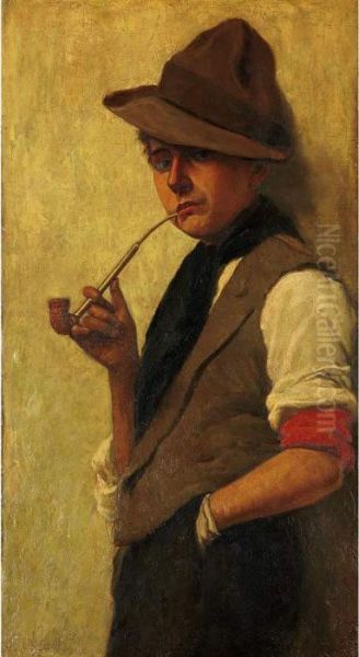 Boy Smoking A Pipe Oil Painting by Philippe Lodowyck Jacob Sadee