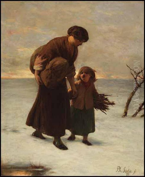 Holding Mother's Hand Oil Painting by Philippe Lodowyck Jacob Sadee