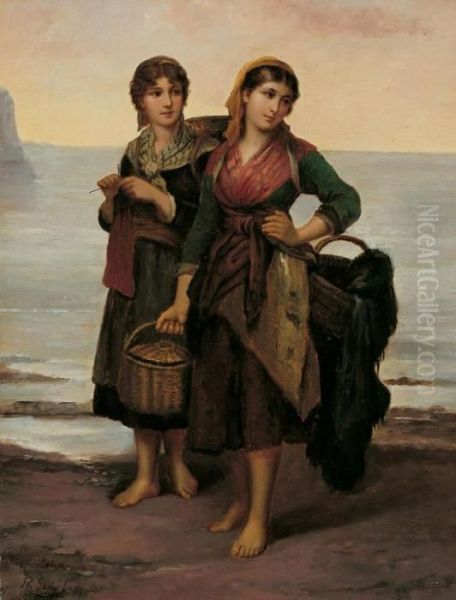 Zwei Junge Fischerinnen Am Strand Oil Painting by Philippe Lodowyck Jacob Sadee