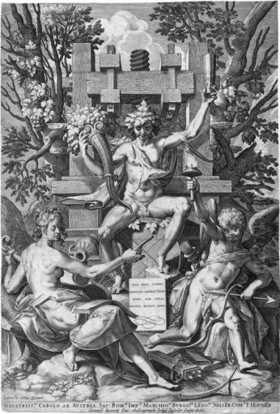 Bacchus Zwische Amor Und Musica Oil Painting by Johannes I Sadeler