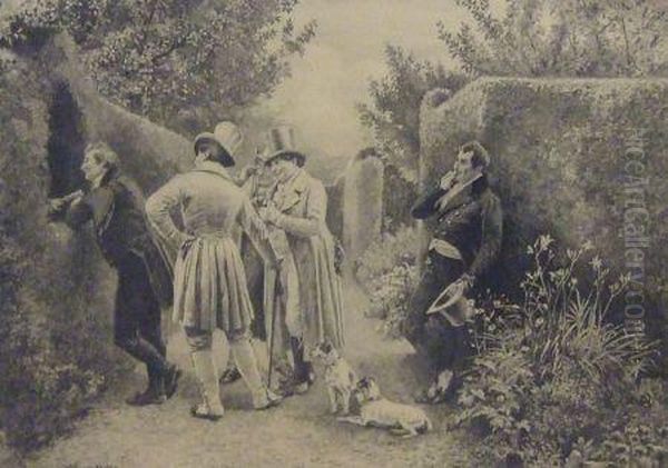 Group Of Gents In Top Hats With Two Dogs In A Garden Oil Painting by Walter-Dendy Sadler