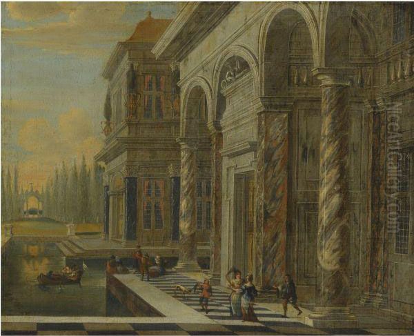 An Architectural View With Elegant Figures Conversing Oil Painting by Jacobus Saeys