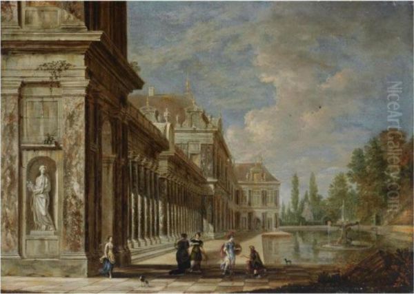 A Palace Capriccio Beside A Fountain With A Soldier And Elegantfigures In The Foreground Oil Painting by Jacobus Saeys