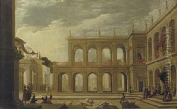 A Classical Palace With Elegant Figures In A Piazza Oil Painting by Jacobus Saeys