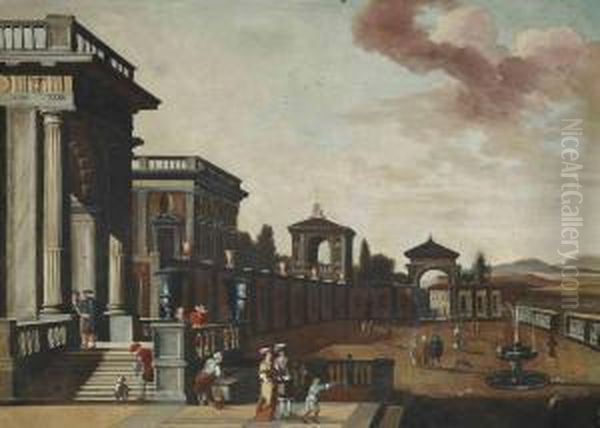 A Capriccio Of A Classical Palazzo With Elegant Figures Conversing Oil Painting by Jacobus Saeys