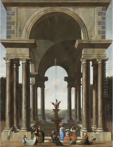 A Classical Portico With An Elegant Company Gathered By Afountain Oil Painting by Jacobus Saeys