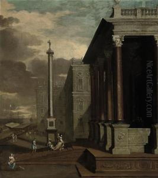 A Port Scene With Elegant Company Approaching A Classical Portico,an Italianate Palace Beyond Oil Painting by Jacobus Saeys