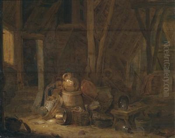 A Barn Interior Oil Painting by Cornelis Saftleven