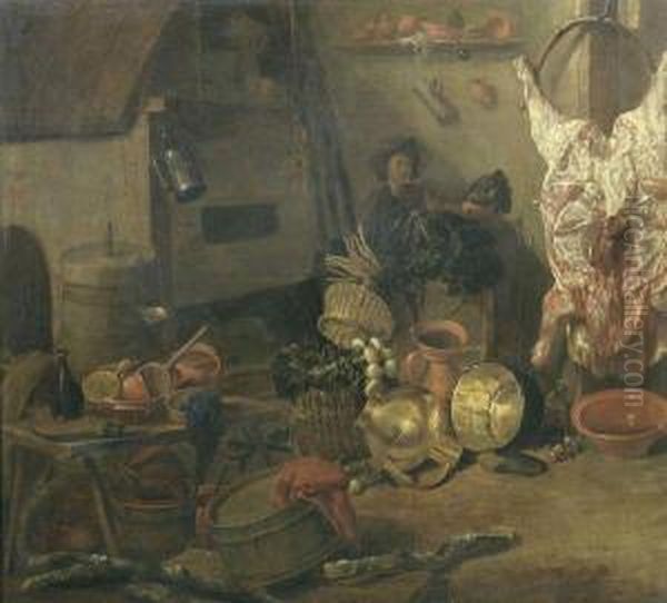 Interieur De Cuisine Avec Une Piece De Buf Oil Painting by Cornelis Saftleven