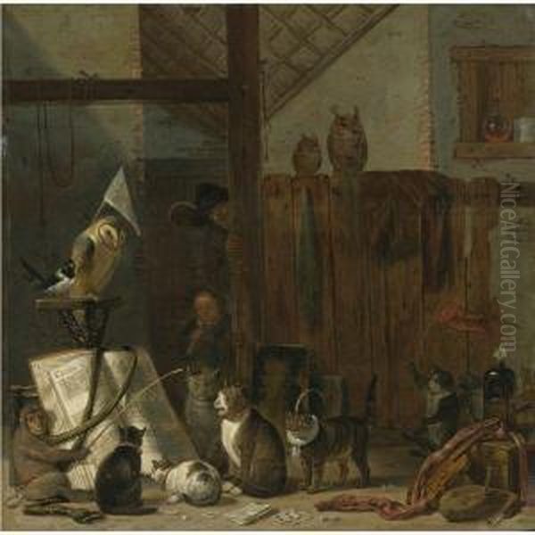 A Concert Of Cats, Owls, A Magpie, And A Monkey In A Barn Oil Painting by Cornelis Saftleven