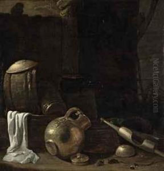 A Copper Jug, A Bucket Yoke, Mice And Other Vessels In A Barn Oil Painting by Cornelis Saftleven