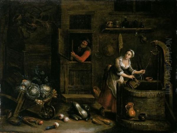 Bauerninterieur Mit Frauam Brunnen Oil Painting by Cornelis Saftleven