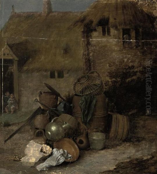 A Barrel, Pots And Pans In A Courtyard Oil Painting by Cornelis Saftleven