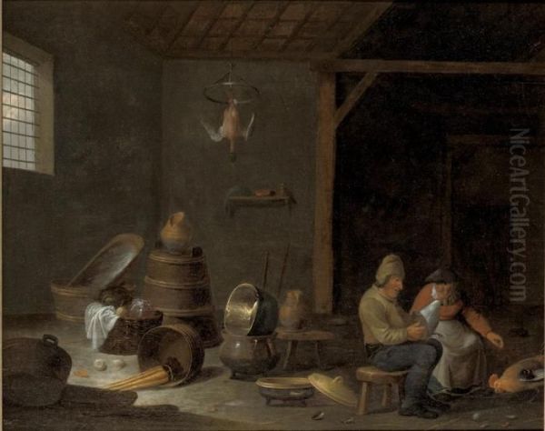 A Barn Interior With Two Peasants Feeding Hens Oil Painting by Cornelis Saftleven