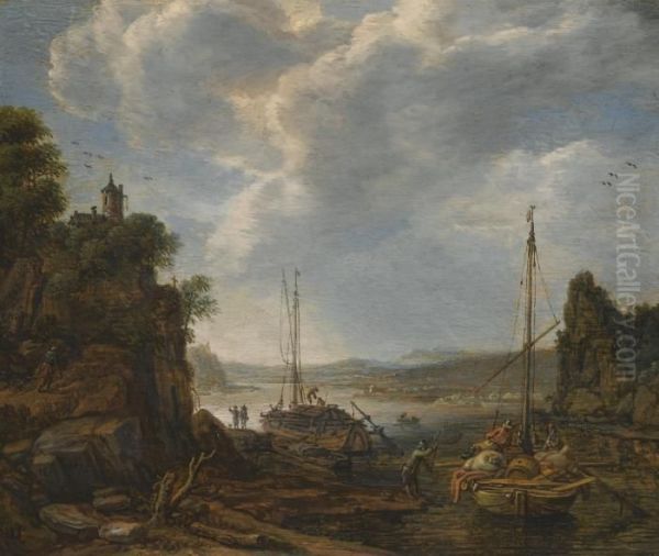 River Landscape With Boats Moored At A Quayside Oil Painting by Herman Saftleven