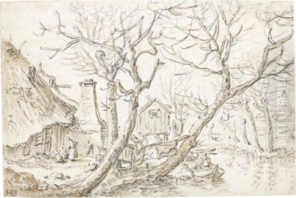 Farmhouses With Figures And Trees Along A Stream Oil Painting by Herman Saftleven