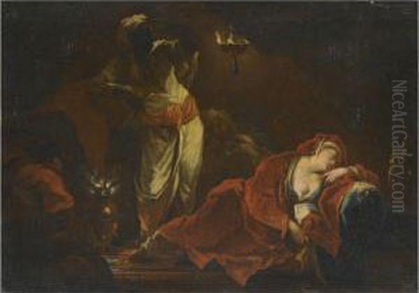 Sleeping Woman With Servant Approaching Oil Painting by Giovanni Camillo Sagrestani