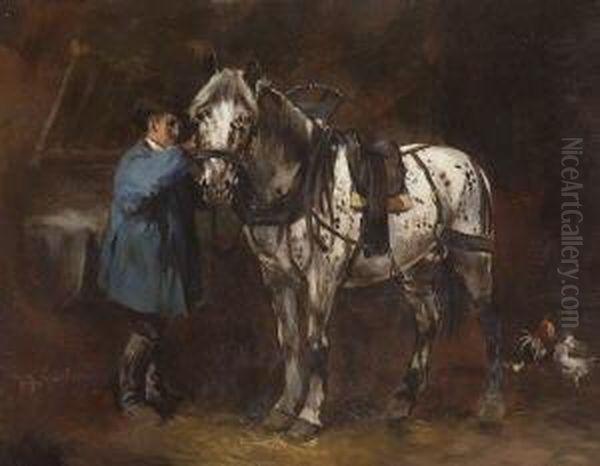 Bauer Mit Pferd Im Stall. Oil Painting by Josef Andreas Sailer