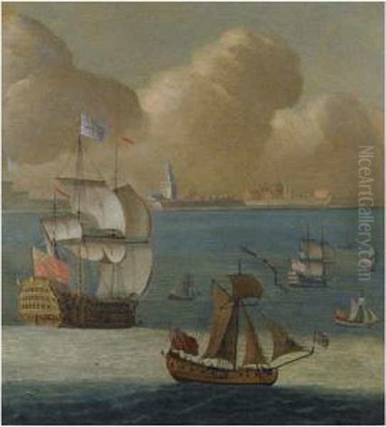 A First Rate Flagship And Other Shipping Of The Royal Navy Off Portsmouth Oil Painting by Isaac Sailmaker