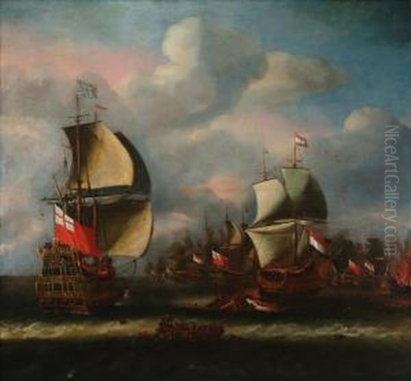 A Naval Engagement Oil Painting by Isaac Sailmaker