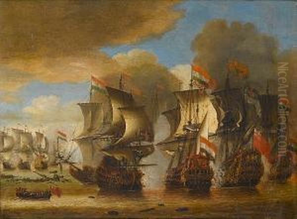 A Naval Battle Between Dutch And English Ships, Possibly The Battle Of Solebay Oil Painting by Isaac Sailmaker