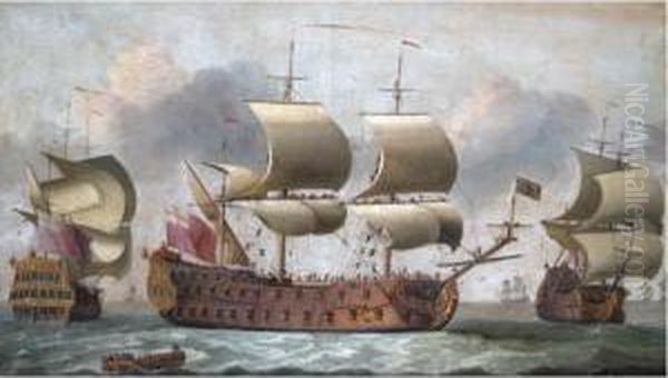 A 64-gun Man-of-war In Three Positions Oil Painting by Isaac Sailmaker